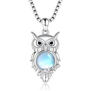 Moonstone Owl Pendant Necklace 925 Sterling Silver Adjustable Chain NWT